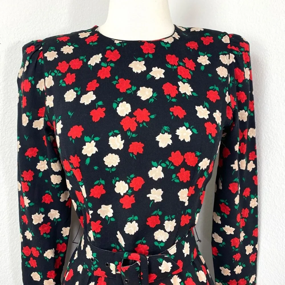 Vtg 80 Drop Waist Layered Skirt Floral Rayon Dress Small Long Sleeve Belt Modest
